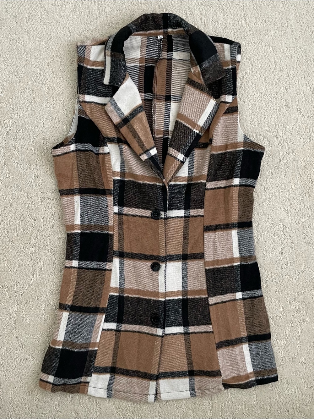 Plaid Sleeveless Button-Front Vest Jacket - Brown Black White Size M